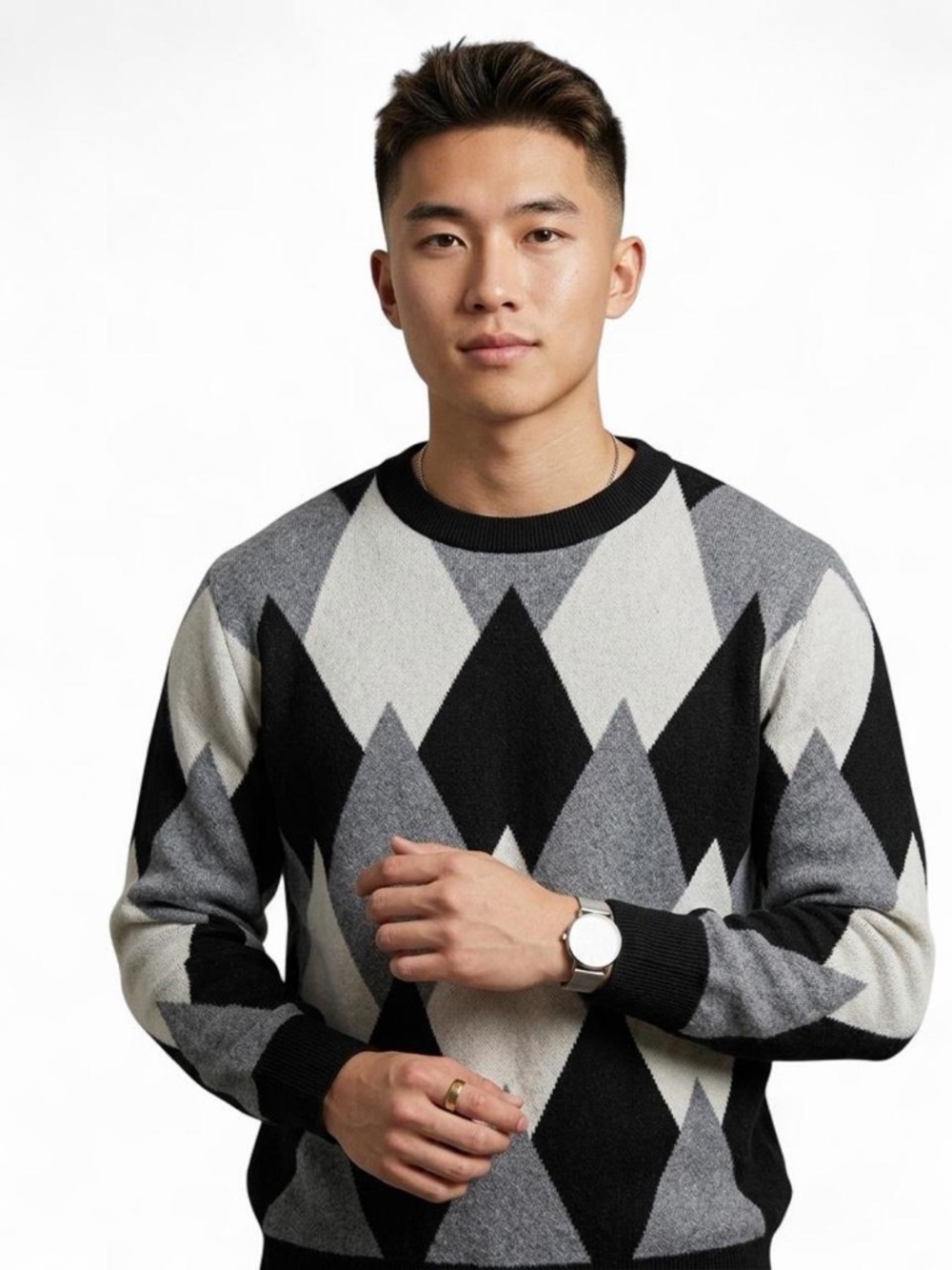 Grace Karin Men's Argyle Crewneck Sweater in Black, Gray & White